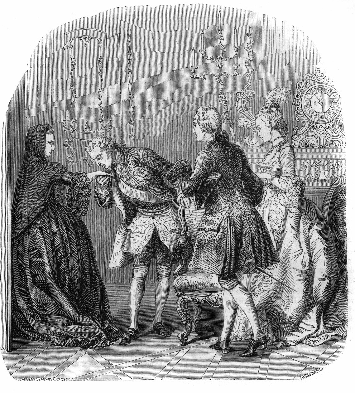 Louis XV (1710-1774) líbá ruku princezně z Lamballe (Marie Therese Louise de Savoie-Carignan nebo Savoie Carignan) (1749-1792), v přítomnosti markýze de Richelieu a Melle Lange (budoucí hraběnka z Barry ( Madame du Barry), rozená Jeanne Be od Felix Philippoteaux