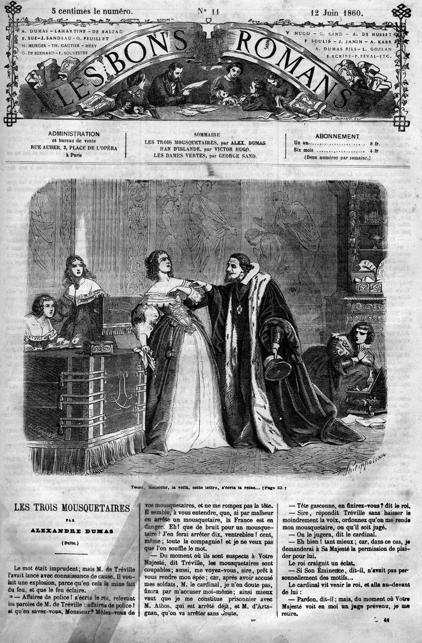 Římský seriál: „Tři mušketýři“ od Alexandra Dumase (1802-1870). Rakouská královna Anna (1601-1666), podezřelá z nevěry ze strany svého manžela Ludvíka XIII., musí kancléři doručit dopis, který údajně napsala vévodovi z Buckinghamu. od Felix Philippoteaux
