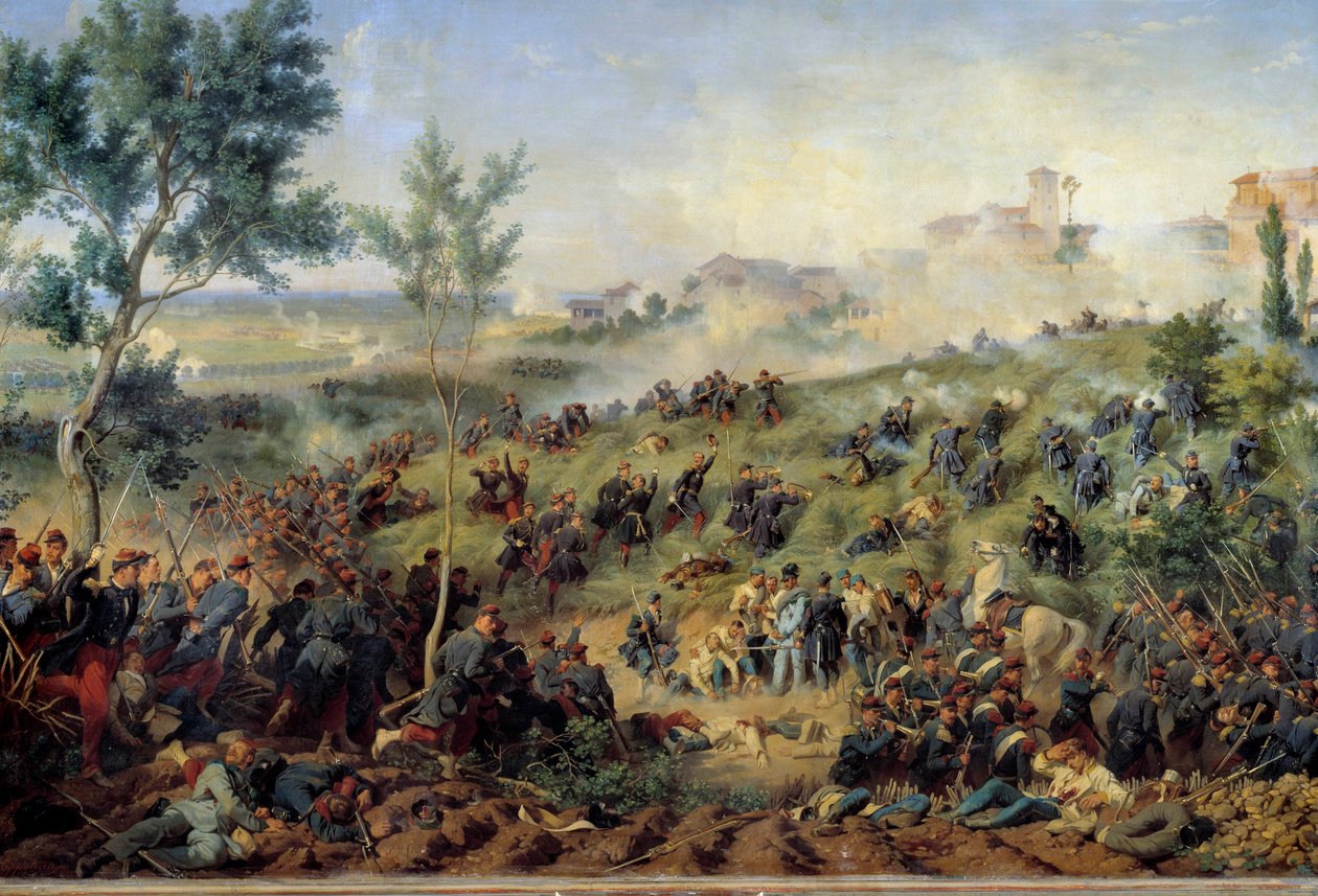 Pohled na bitvu u Montebello di Casteggio, 20.5.1859 Francie poráží rakouskou armádu. Obraz Henry Felix-Emmanuel Philippoteaux (1815-1884) 1862. Rozm. 1x1,5m. Paříž, Armádní muzeum – Pohled na bitvu u Montebello di Casteggio dne 20. května 1859. F od Felix Philippoteaux