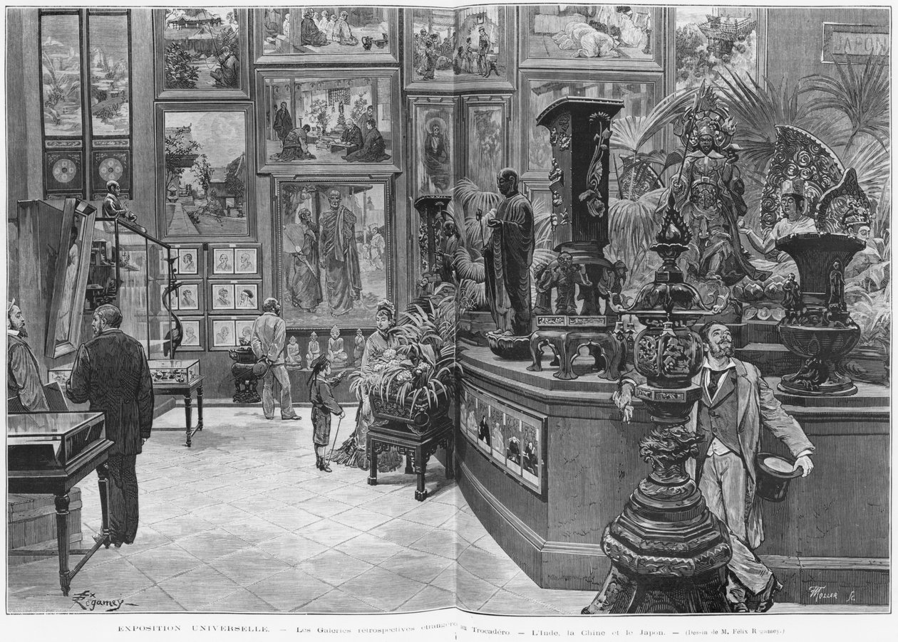 Zahraniční retrospektivní galerie Trocadero, Indie, Čína, Japonsko, na Světové výstavě v roce 1878, Paříž, z „Le Monde Illustre“, č. 1129, 16. listopadu 1878 od Felix Regamey