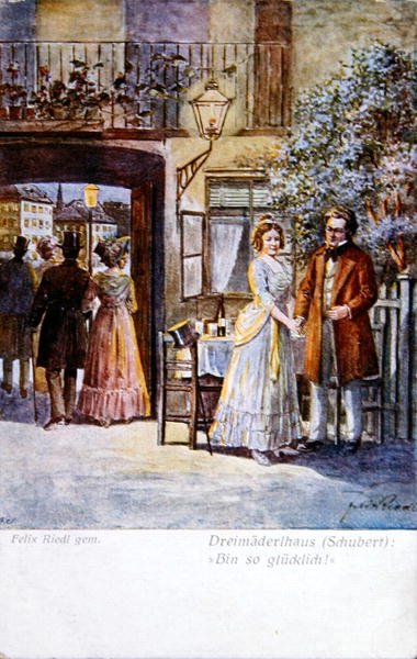 Scéna z "Das Dreimaederlhaus" ("Dům tří dívek") zobrazující Schuberta před domem, kolem roku 1916 (barevné lito) od Felix Riedl