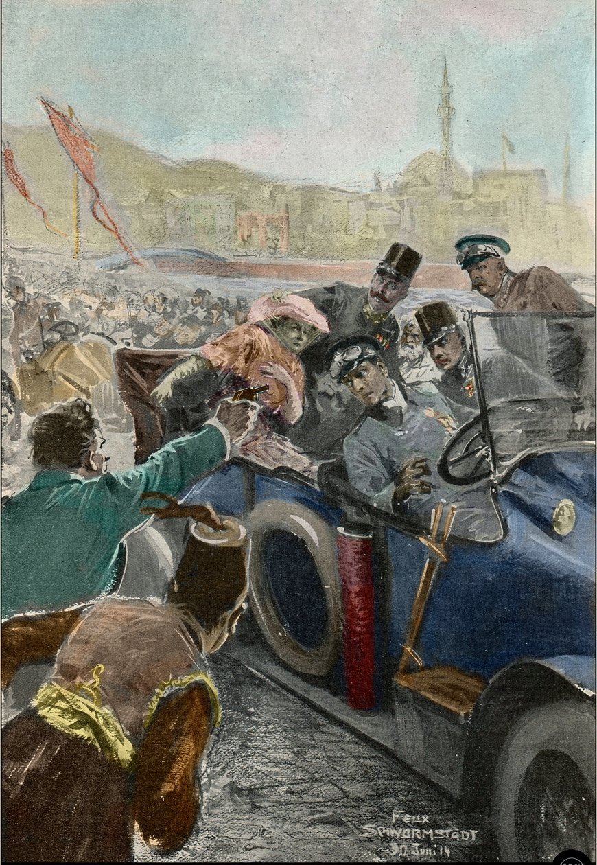 Atentát na Františka Ferdinanda (1863-1914) rakouského arcivévody a jeho manželky Sophie v Sarajevu (rytina) od Felix Schwormstadt