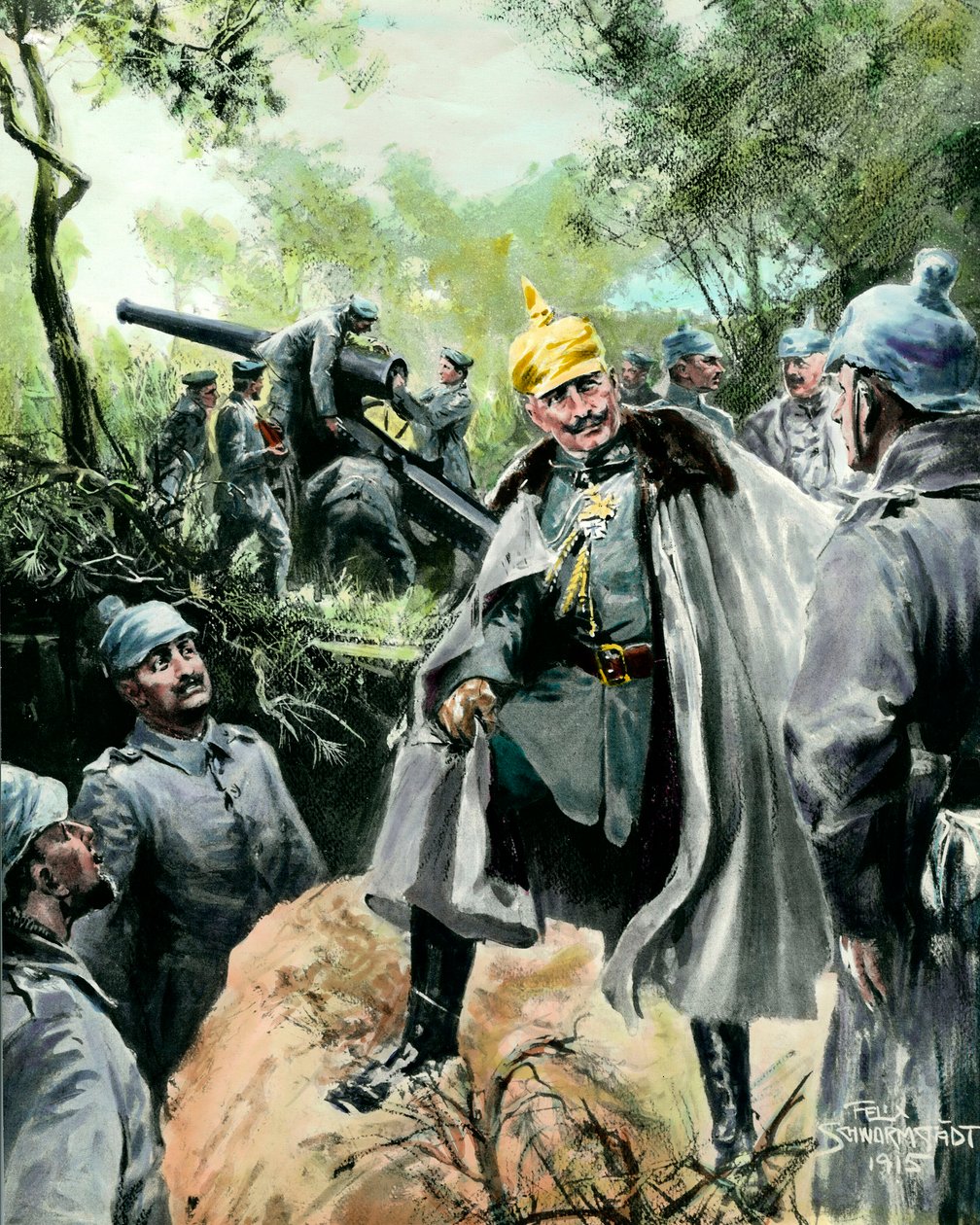 První světová válka: “” Portrét císaře Viléma II. (1859-1941) při návštěvě dělostřeleckého stanoviště”” Grafika Felixe Schwormstadta (1870-?) 1915 Soukromá sbírka od Felix Schwormstadt