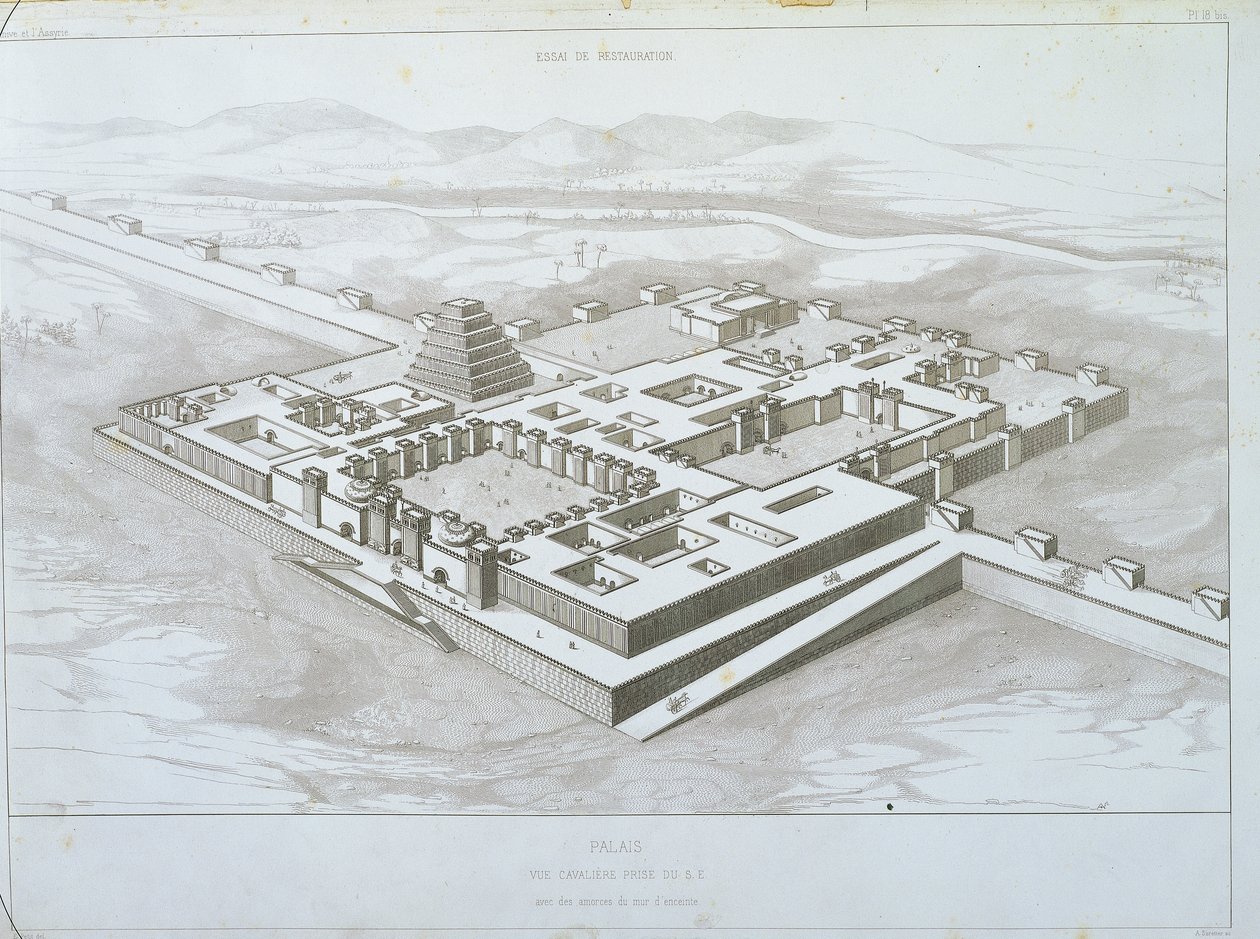 Palác Khorsabad, historický pohled od jihovýchodu s částí opevněných hradeb, ilustrace z „Ninive a Asýrie“ od Victor Place od Felix Thomas