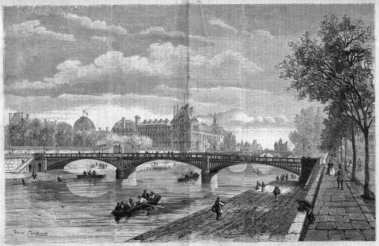 Architektura: pohled na most Solferino v Paříži. Postaven inženýrem Paulem Martinem Gallocherem de Lagalisserie (1805-1871) a slavnostně otevřen v roce 1861, v roce 1960 byl demolován a nahrazen mostem Senghor (Solferino Bridge). Rytina Felix Thorigny v od Felix Thorigny