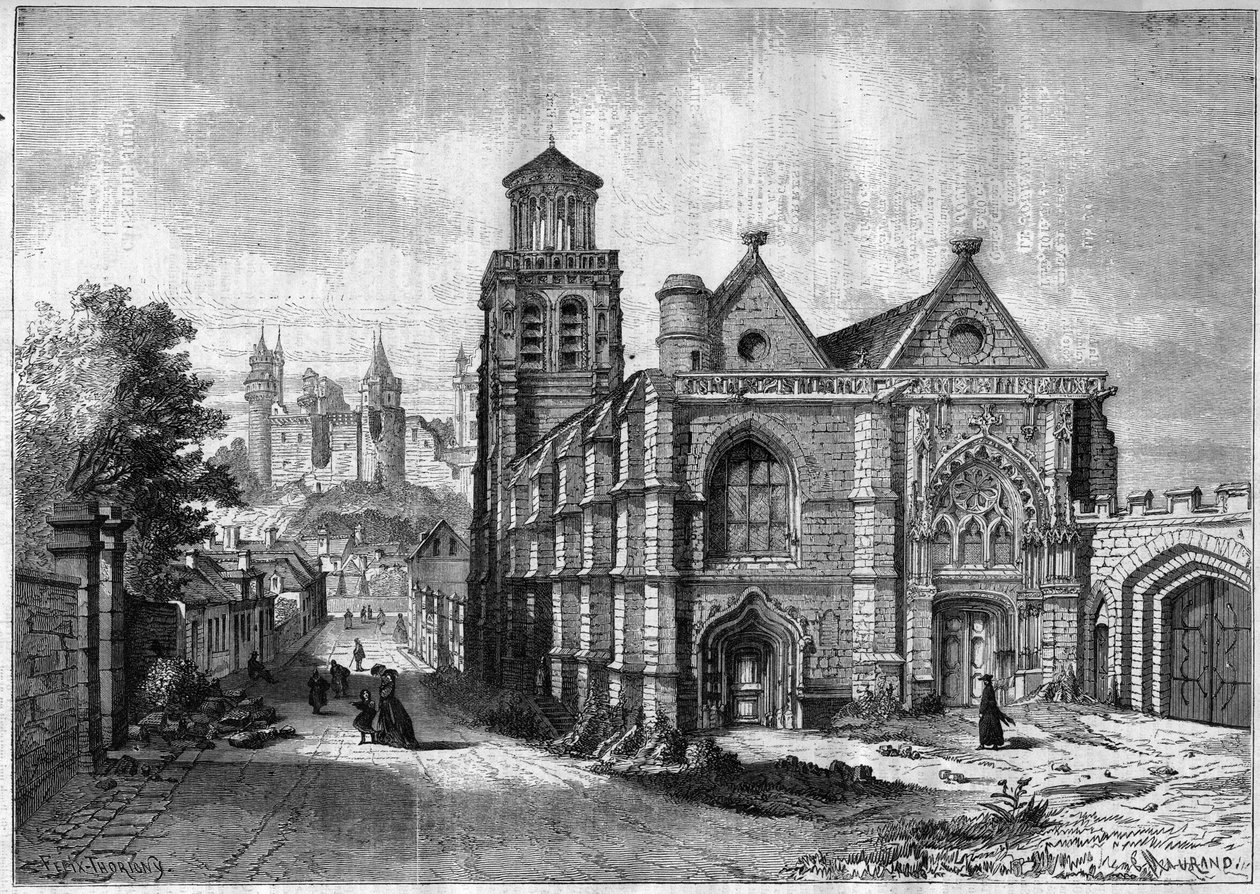 Kostel Saint Sulpice (Saint Sulpice) z Pierrefonds v departementu Oise v regionu Pikardie - rytina z roku 1868 podle kresby Felixe de Thorigny od Felix Thorigny