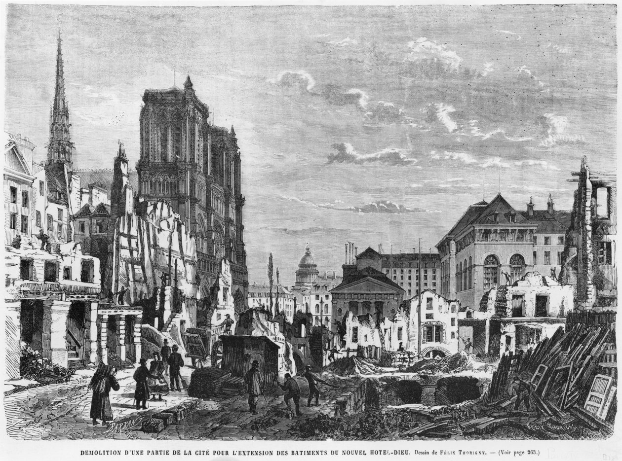 Paříž, demolice části Cite pro rozšíření budov nového Hotel-Dieu, vyryl Charles Barbant († 1922) od Felix Thorigny