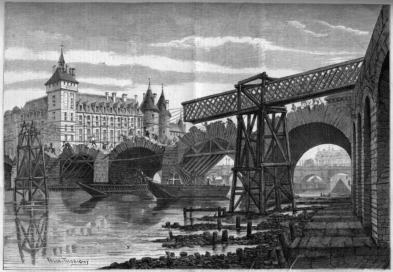 Proměny Paříže za Druhého císařství, Haussmann Paris: demolice Pont au Change (1639-1647) a instalace provizorního mostu. Rytina Felixe Thorignyho v „“ Le Monde Illustré““ č. 78 z 9. října 1858. od Felix Thorigny