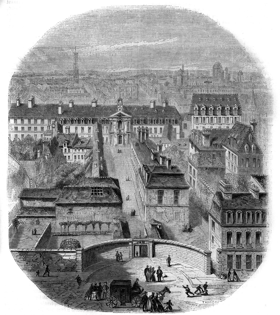 Pohled na továrnu na gobelíny v Paříži s kapucínským klášterem, observatoří a zámkem královny Blanche. Rytina Thorigny od Felix Thorigny