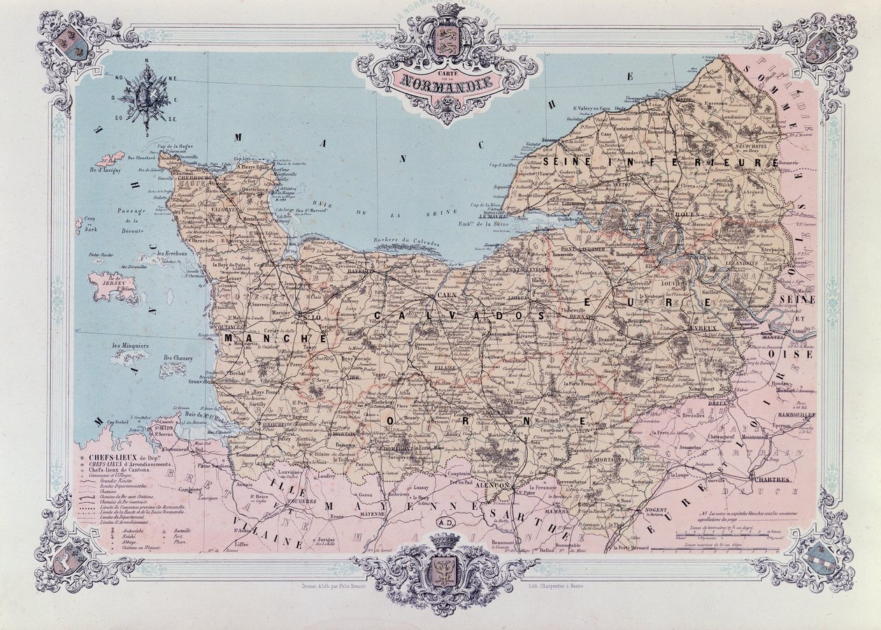 Mapa Normandie, z 1. dílu La Normandie Illustree, vyryla Charpentier, publikoval v Nantes 1852 od Felix after Benoist