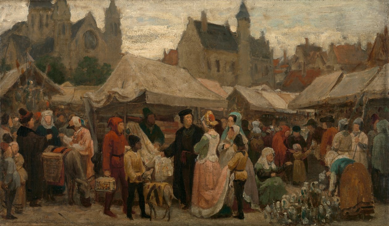 Středověký jarmark v Gentu, studie, asi 1862 (olej na plátně) od Felix de Vigne