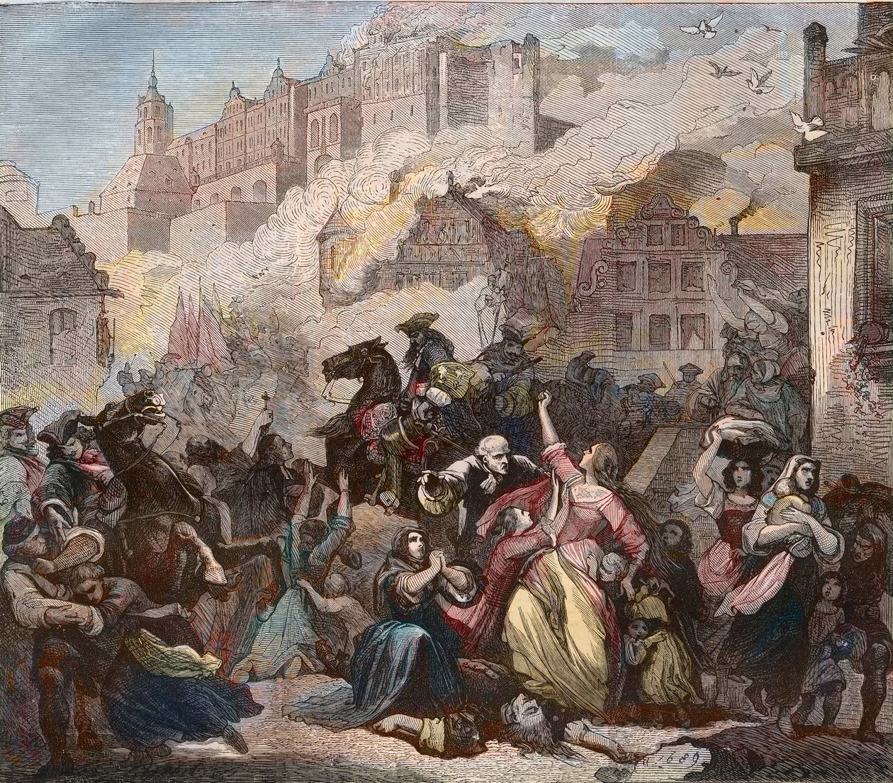 Zničení Heidelbergu Francouzi pod velením generála Ezechiela Melaca, 2. března 1689 – Požár hradu Heidelberg – 1689 – Devítiletá válka – Válka Velké aliance – Válka Ligy Augsbur – „Požár hradu Heidelberg bombardován francouzskými silami z G od Feodor (after) Dietz