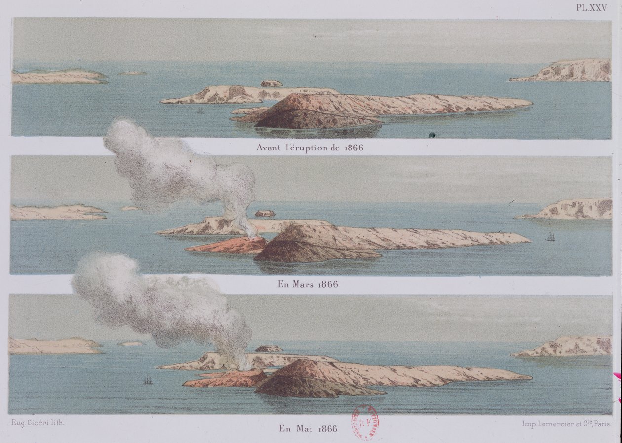 Erupce sopky Georgios, ilustrace ze Santorini a jeho erupce od umělce, vyryla Eugene Ciceri, 1879 od Ferdinand Fouque