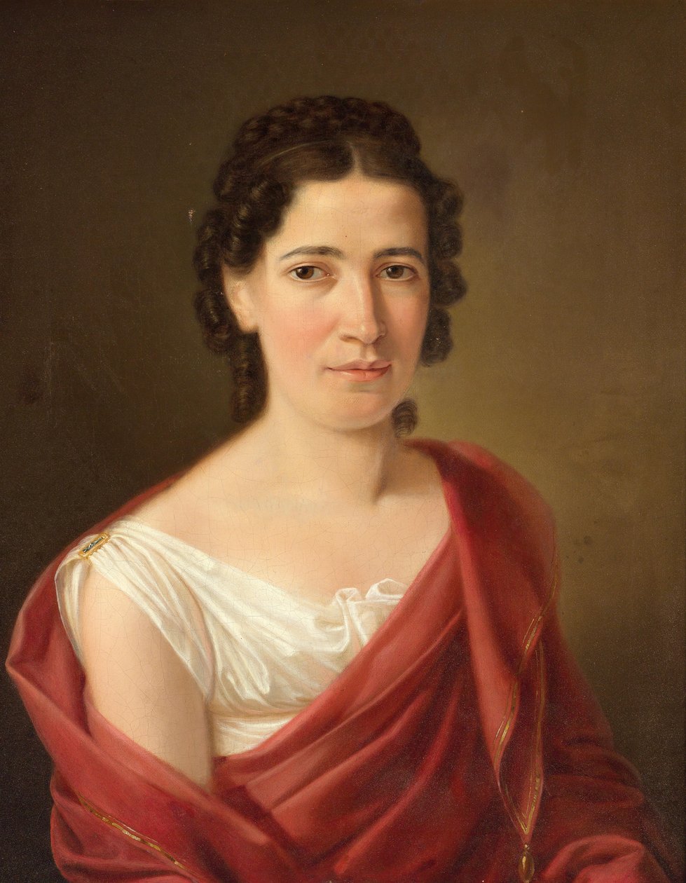 Černovlasá žena v bílých šatech a vínově červeném šálu od Ferdinand Georg Waldmuller