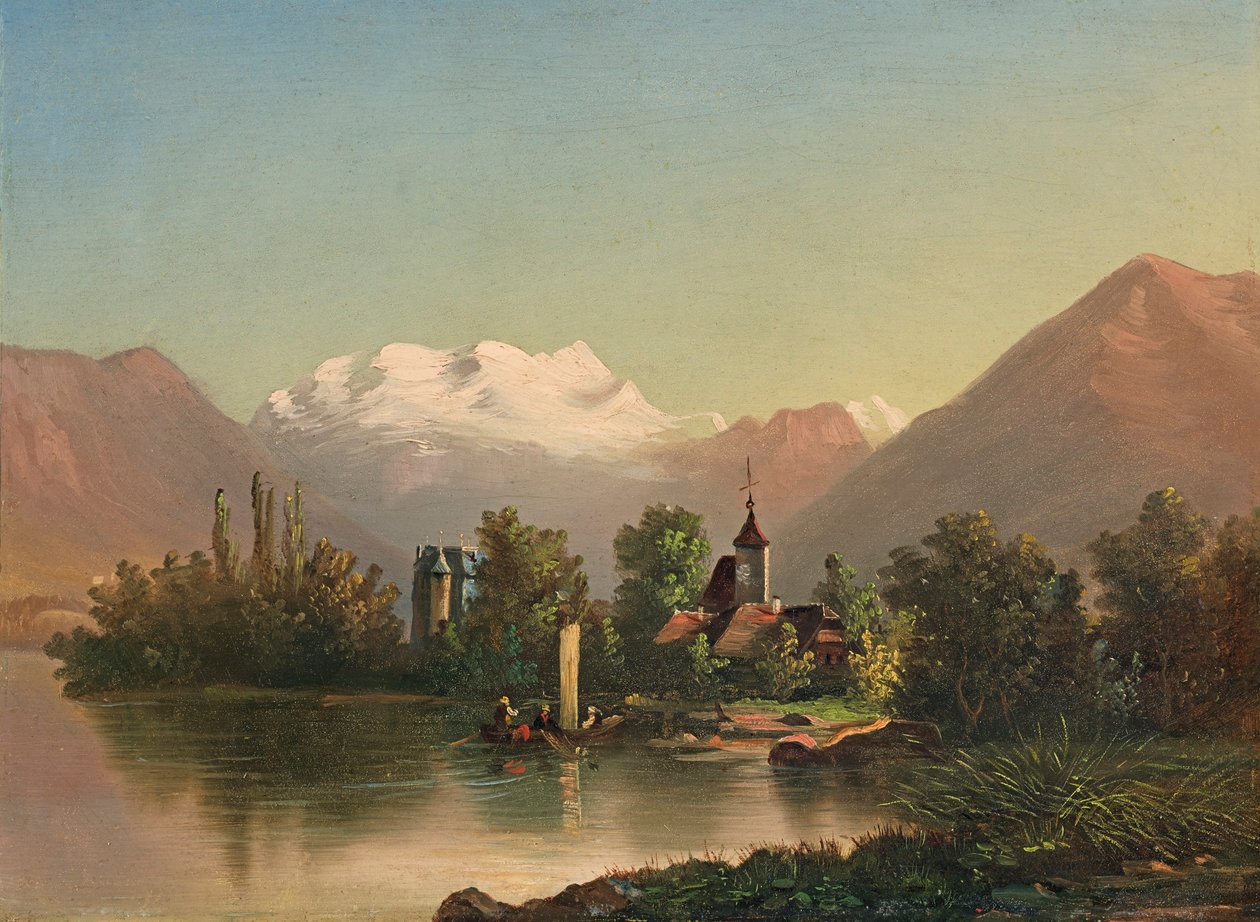 Zámek Schadau s kostelem Scherzlingen a Blümlisalp (1871) od Ferdinand Hodler