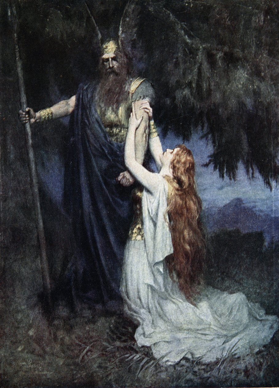 Brunhilda klečí u jeho nohou, z knihy J. Walkera McSpaddena (1874-1960) "Příběhy Wagnerových oper", 1905. od Ferdinand Leeke