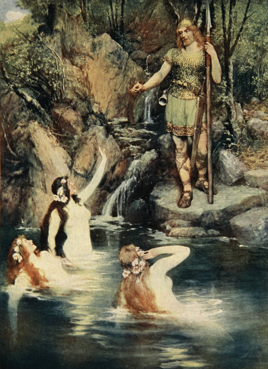 Tři panny plavaly blízko břehu, z „Příběhů Wagnerových oper“ od J. Walkera McSpaddena (1874-1960), 1905 od Ferdinand Leeke
