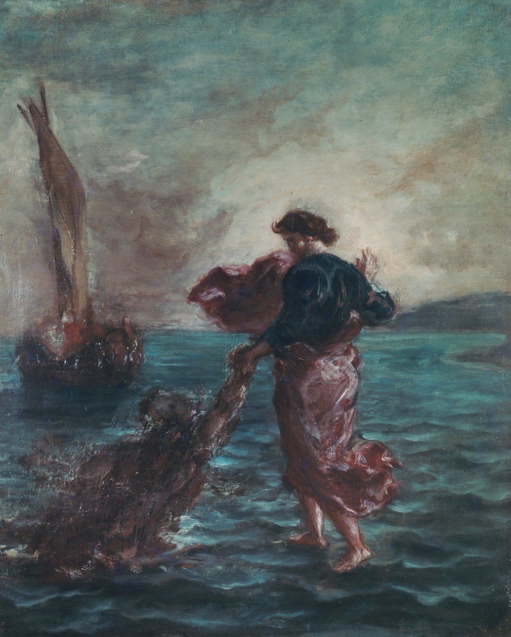 Kristus chodí po vodě a natahuje ruku, aby zachránil svatého Petra od Ferdinand Victor Eugene Delacroix
