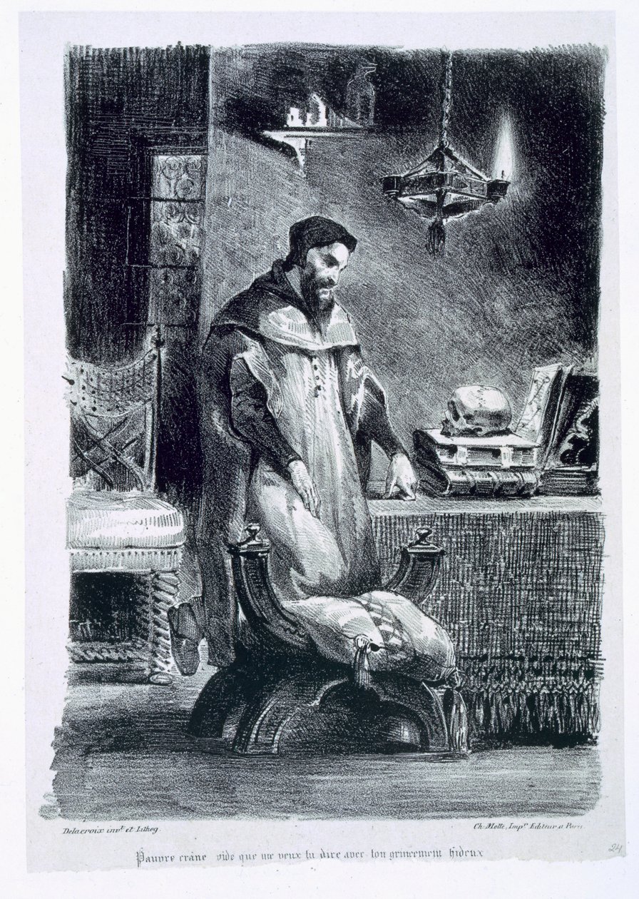 Faust ve své pracovně, z Goethova Fausta, 1828, (ilustrace), (černobílá fotografie litografie) od Ferdinand Victor Eugene Delacroix