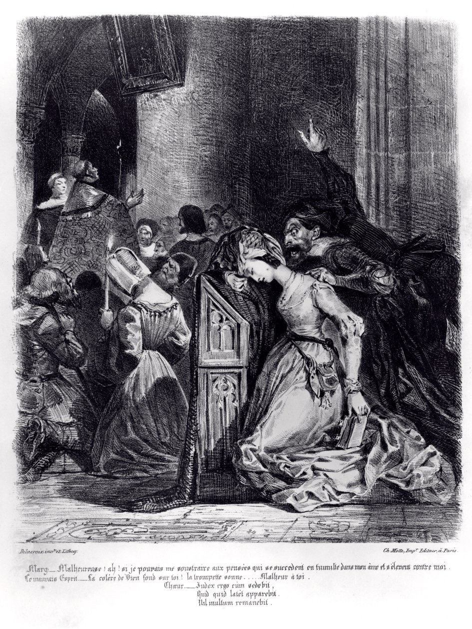 Markétka v církvi se zlými duchy: ilustrace z „Fausta“ od Goetha, 1828 od Ferdinand Victor Eugene Delacroix