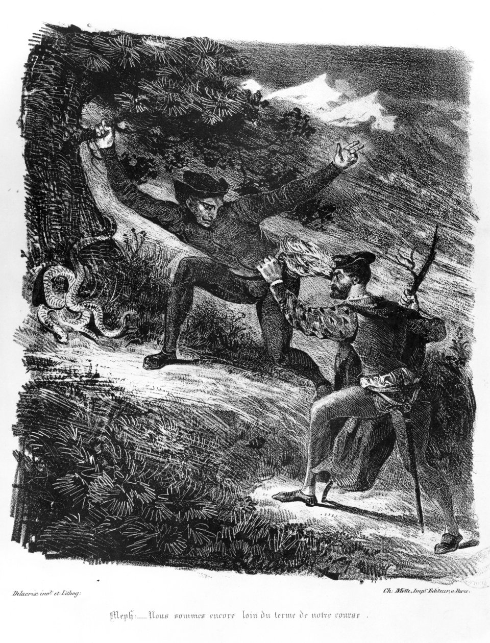 Mefistofeles a Faust na cestě k sobotě v noci, ilustrace pro Fausta od Goetha, 1828 (č. foto litografie) od Ferdinand Victor Eugene Delacroix