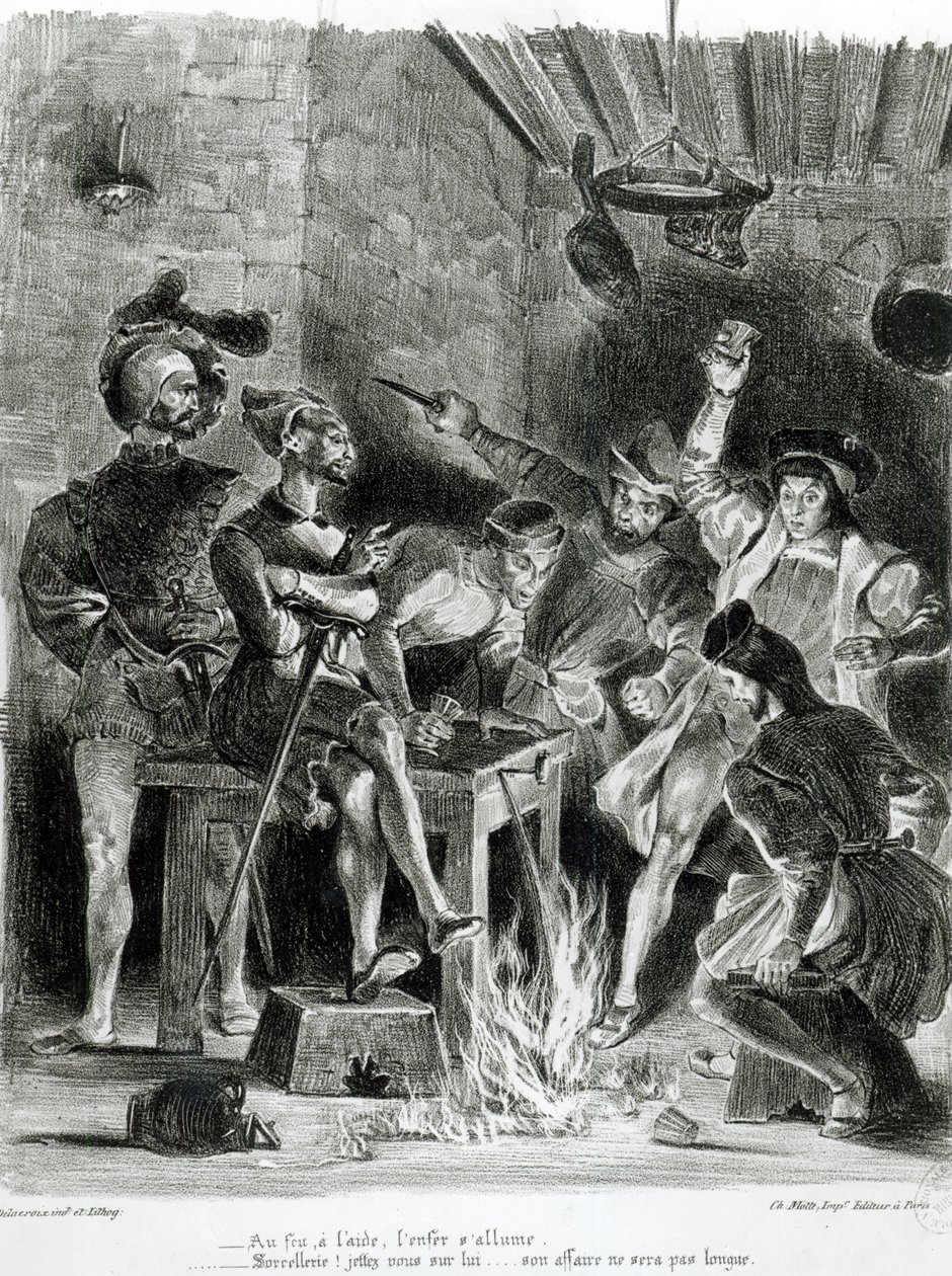Mefistofeles a pijící společníci, z Goethova Fausta, 1828, (ilustrace), (č. foto litografie) od Ferdinand Victor Eugene Delacroix