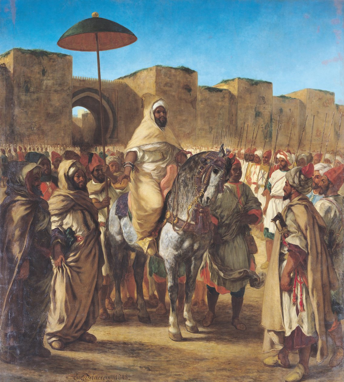 Muley Abd-ar-Rahman (1789-1859), Marocký sultán, opouštějící svůj palác Meknes se svým doprovodem, březen 1832, 1845 od Ferdinand Victor Eugene Delacroix