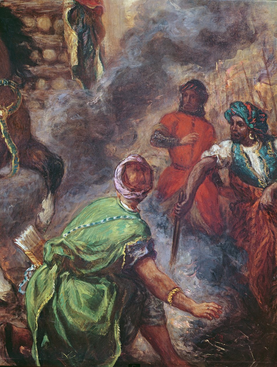Olinda a Sophronia na Pyre, detail Saracénů, z „Gerusalemme Liberata“ od Torquata Tassa (1544-95) od Ferdinand Victor Eugene Delacroix