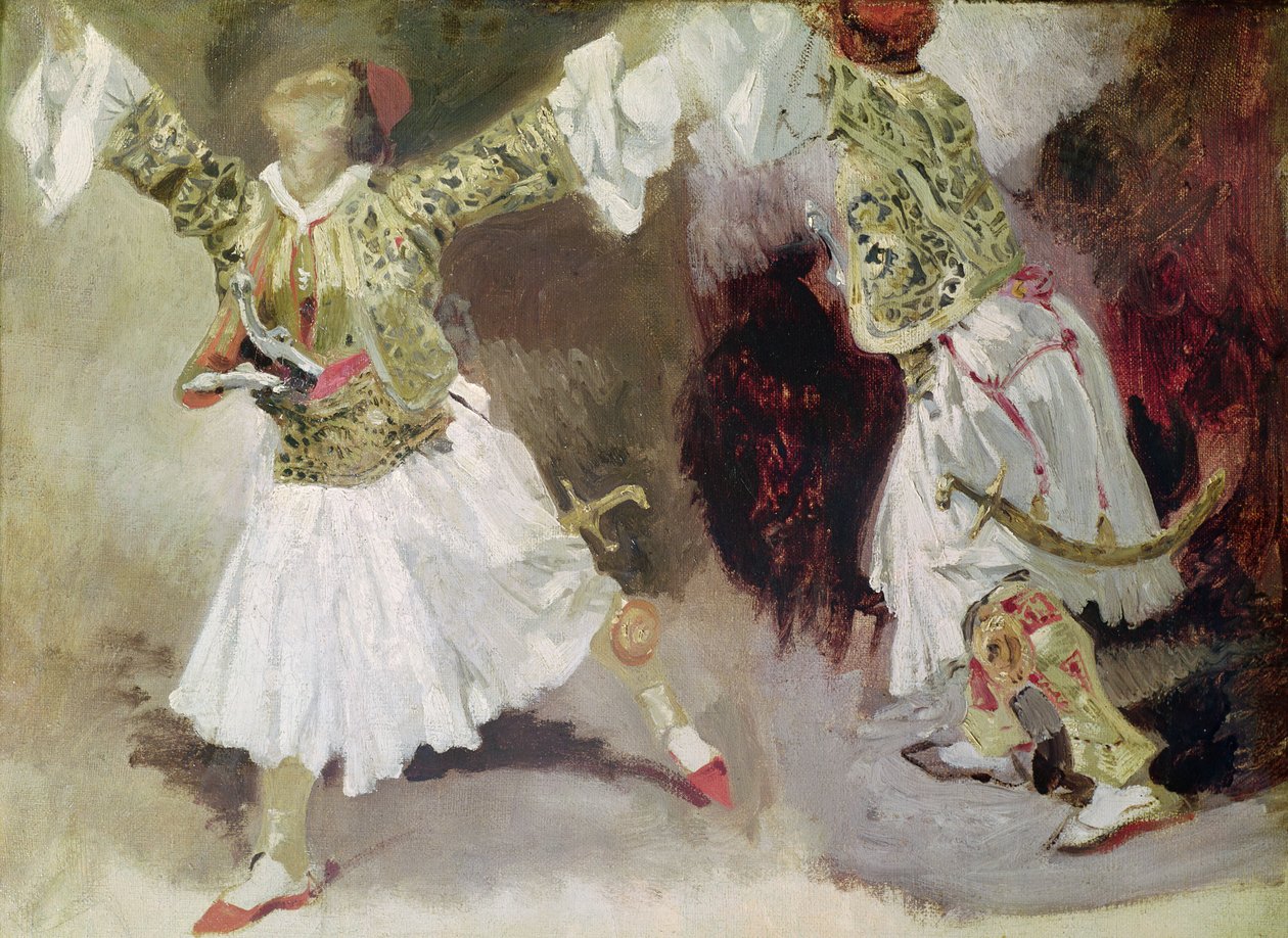 Tančící dva řečtí vojáci (Studie Soliote Dress) od Ferdinand Victor Eugene Delacroix