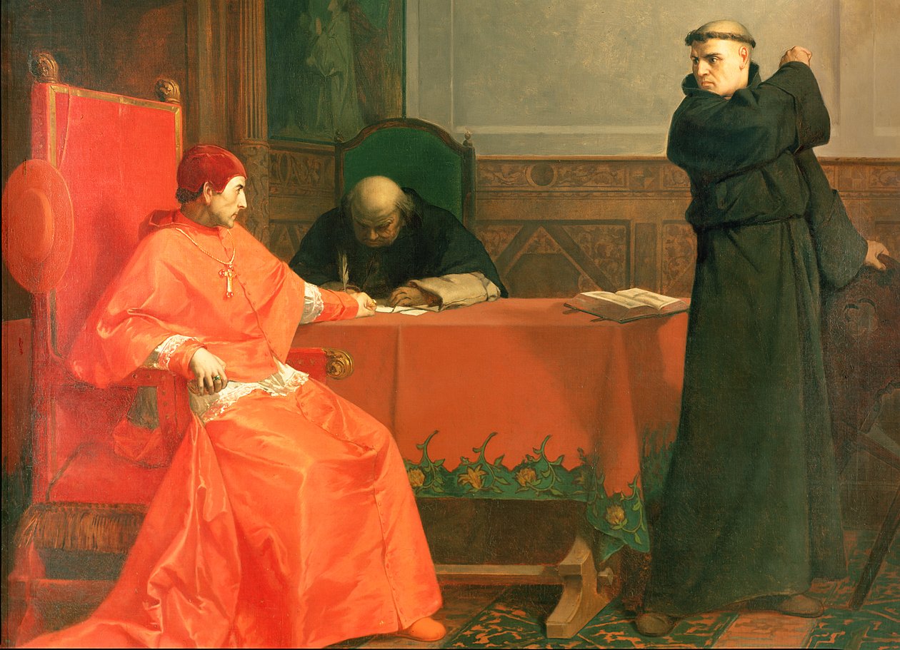 Luther před kardinálem Cajetanem během sporu o jeho 95 tezích, 1870 od Ferdinand Wilhelm Pauwels