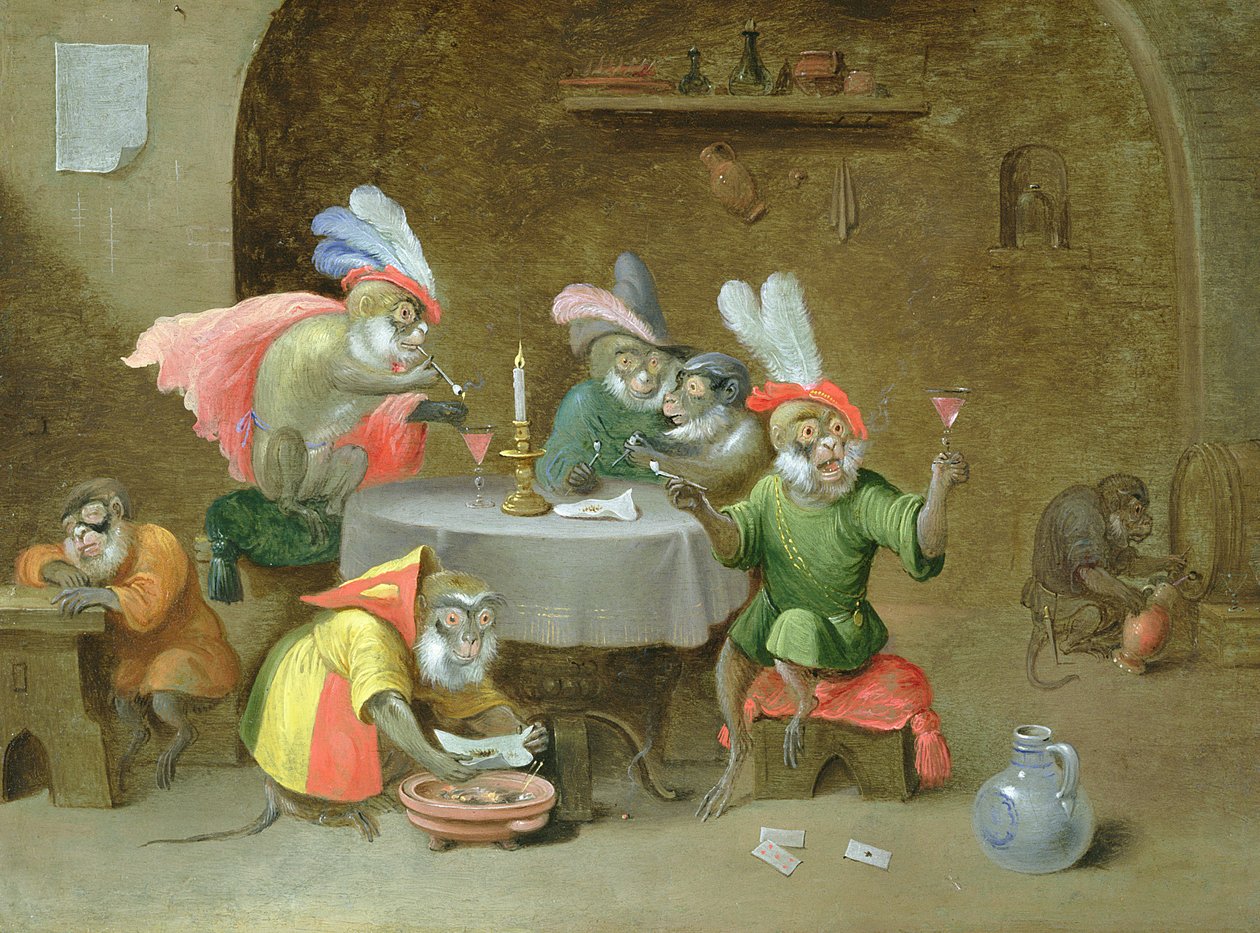 Interiér hospody s opicemi, které pijí a kouří (olej na mědi) od Ferdinand van Kessel