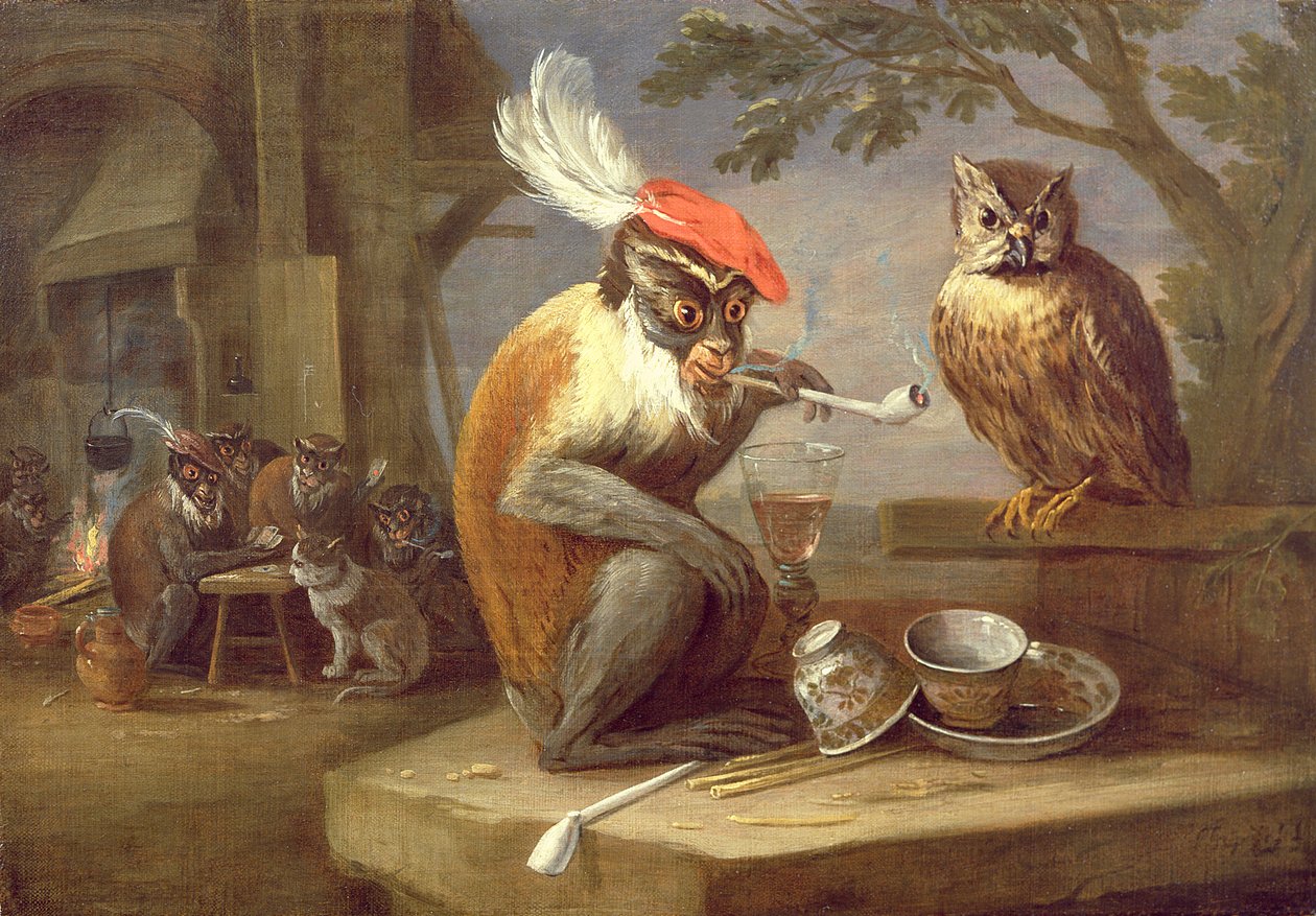 Opice kouří a pije se sovou od Ferdinand van Kessel