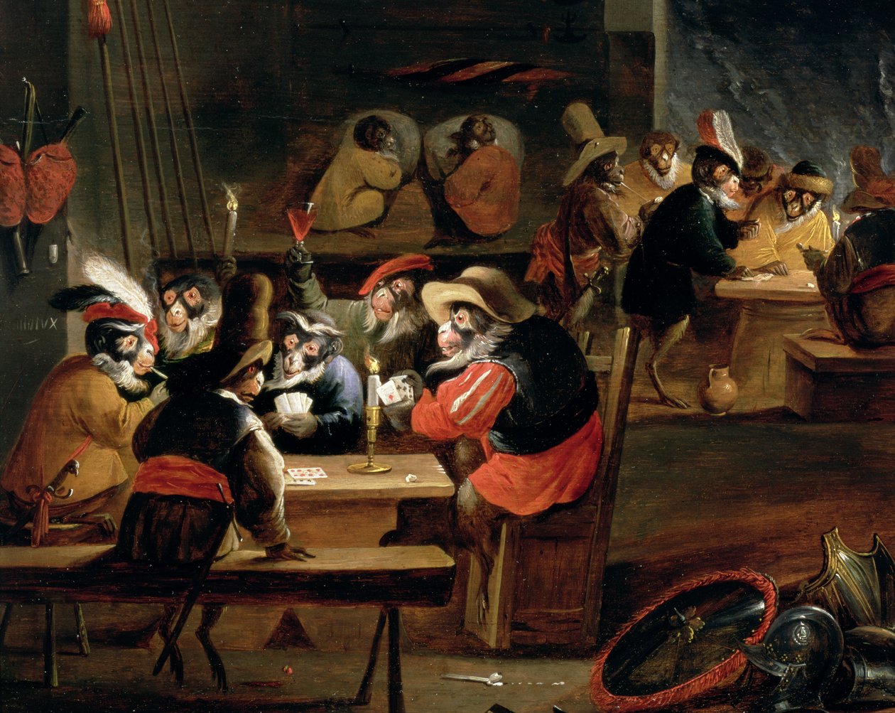Opice v hospodě, detail karetní hry (detail 64505) od Ferdinand van Kessel