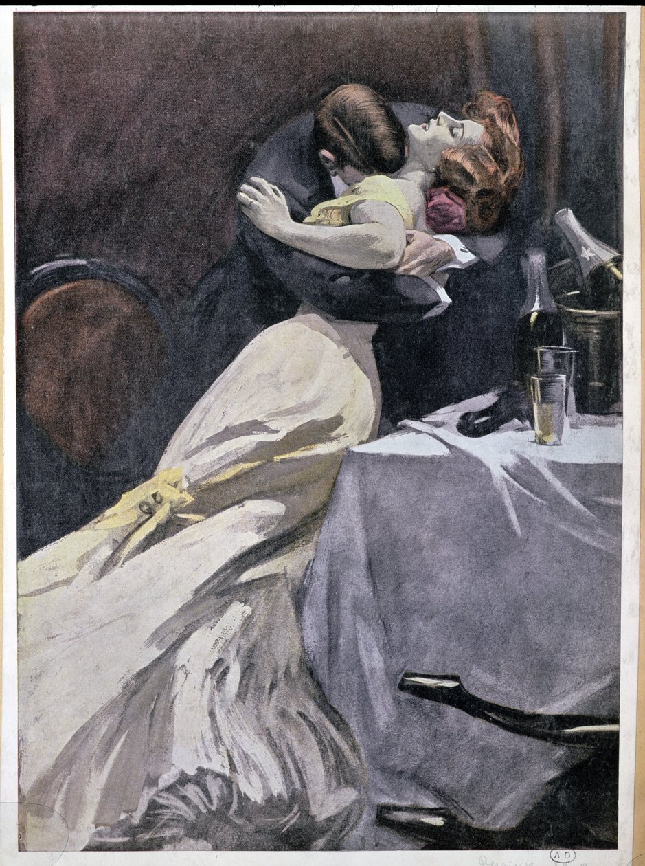 „Znič, co se ti líbí ve své vášni, kromě mých šatů“, pár objímající se po pití šampaňského, 1909 od Ferdinand von Reznicek