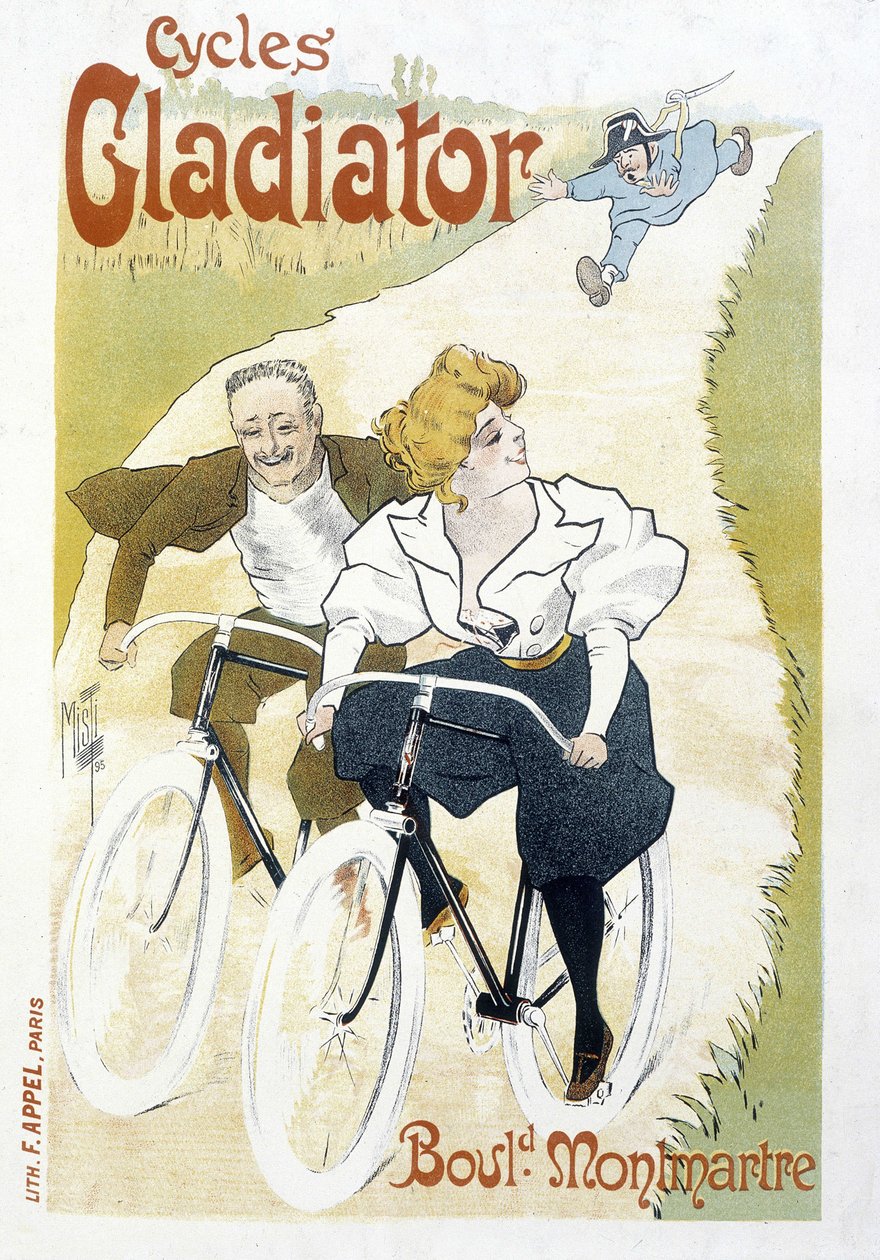 Cyklistický pár pronásledovaný strážníkem - Reklama na Gladiator Cycles, od Misti, v.1895 od Ferdinand  Misti Mifliez