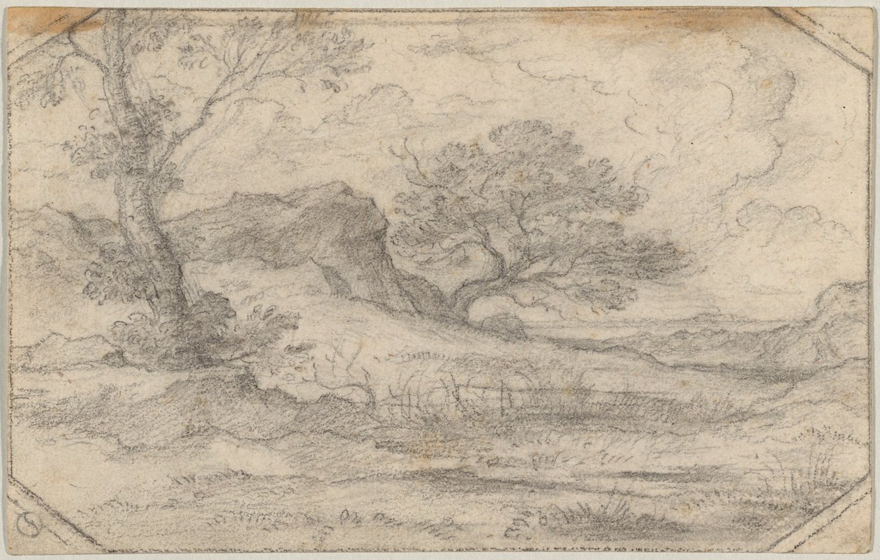 Ideální krajina se dvěma stromy a skalním masivem od Ferdinand (Johann Heinrich Ferdinand) von Olivier