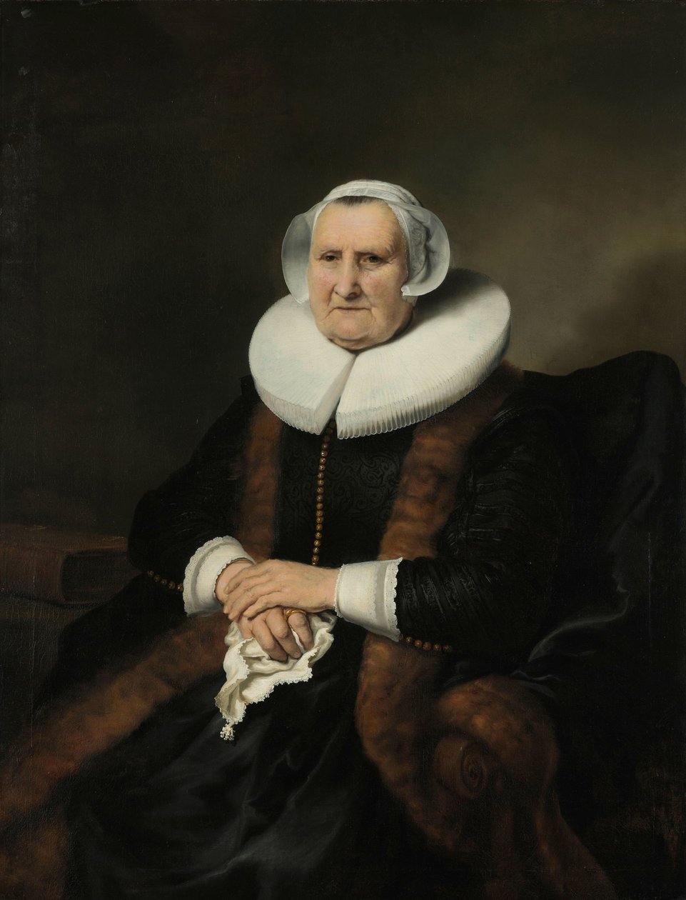 Portrét staré dámy, možná Elisabeth Bas Portrét staré dámy, možná Elisabeth Jacobsdr Bas (1571-1649), vdova po Jochem Hendricksz Swartenhont od Ferdinand Bol (attributed to)