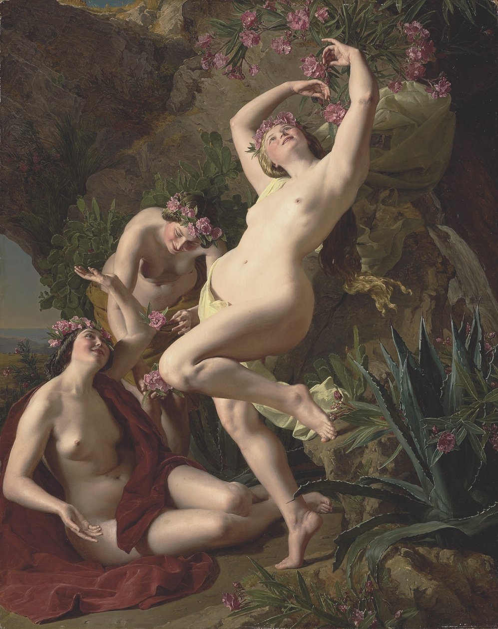Německy: Die drei Nymphen des Homer Tři grácie ověnčené růžemi od Ferdinand Georg Waldmuller