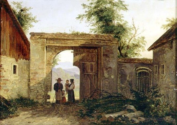 Hospodářský dvůr s rolníky u brány od Ferdinand Georg Waldmuller