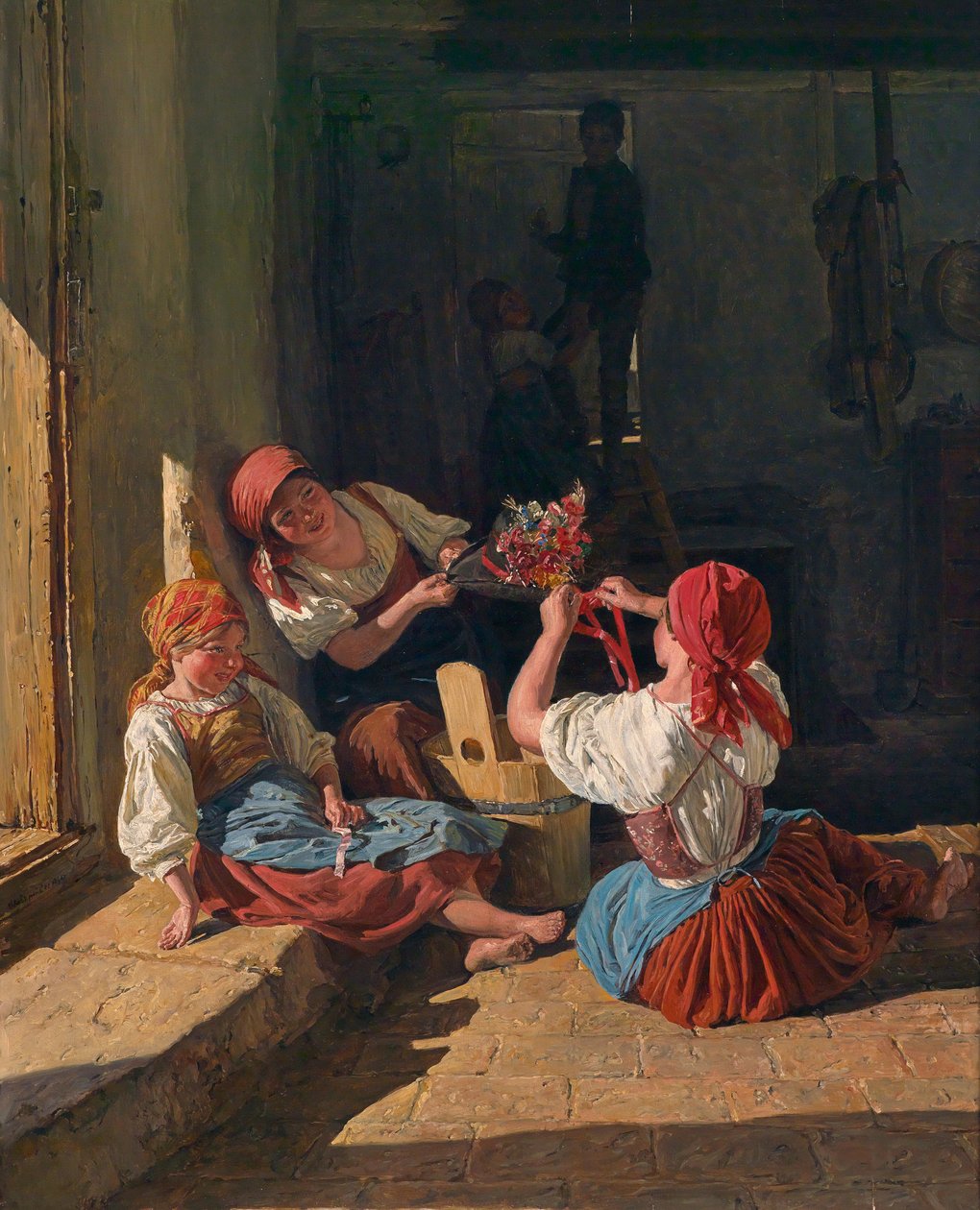 Děti zdobí klobouk branců, 1854 od Ferdinand Georg Waldmuller