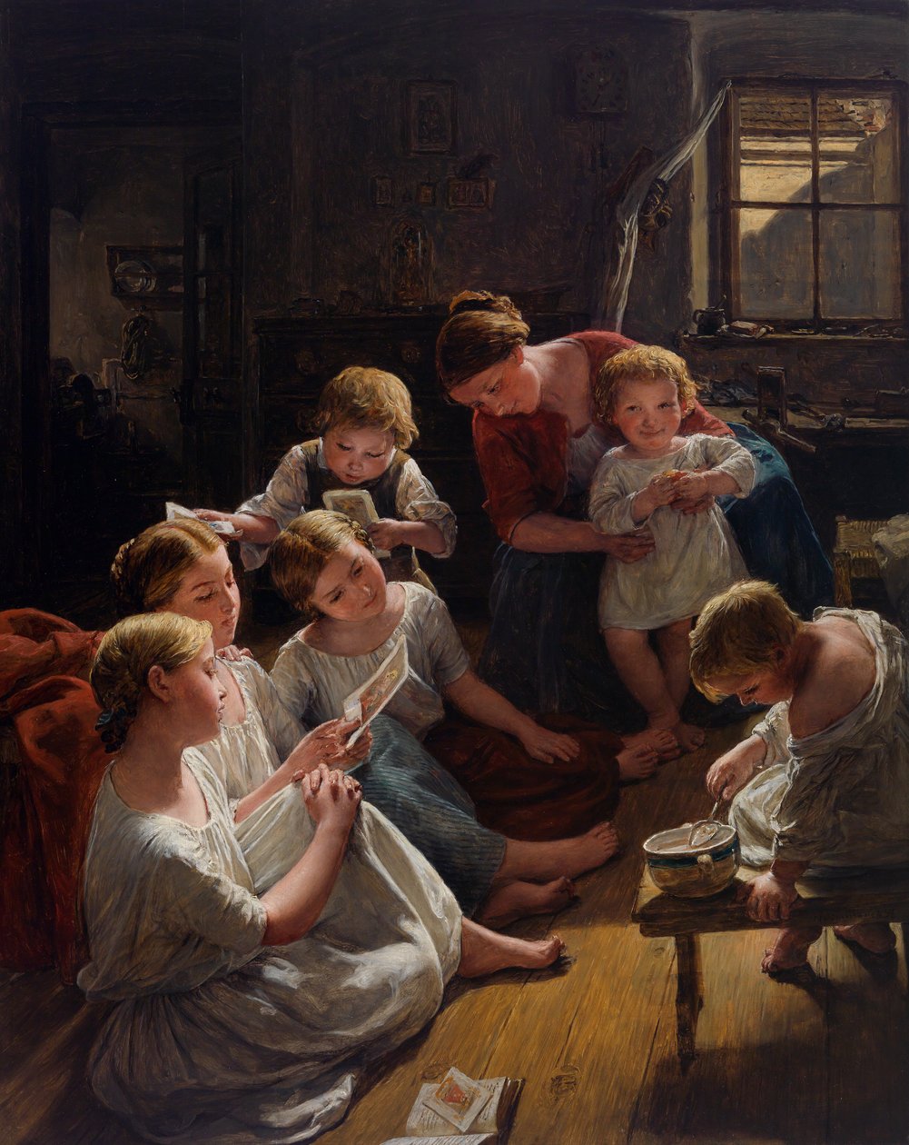 Des enfants, au matin, regardant des images - Děti ráno při pohledu na obrázky, Waldmuller, Ferdinand Georg (1793-1865). Olej na dřevě od Ferdinand Georg Waldmuller