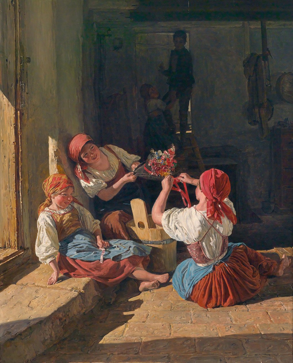Děti zdobí klobouk brance. Obraz Ferdinanda Georga Waldmullera (1793-1865), olej na dřevě od Ferdinand Georg Waldmuller
