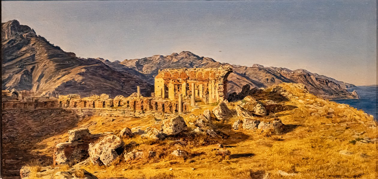 Ruiny řeckého divadla Taormina, směrem k Messinské úžině od Ferdinand Georg Waldmuller