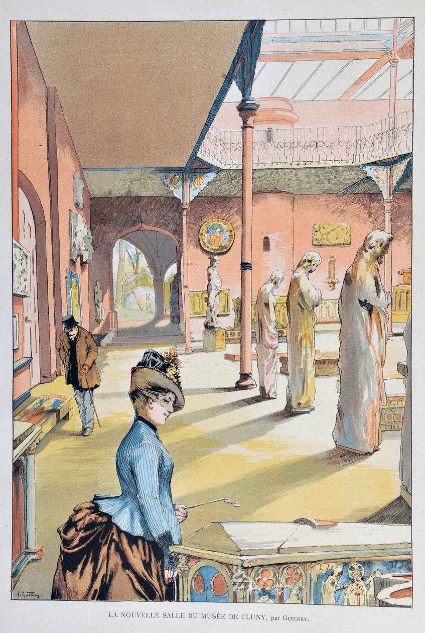 Nová místnost středověkého muzea v Cluny v Paříži 1887, Ferdinand Joseph GUELDRY (1858-1945) Rytina z roku 1887 v „Pařížském Illustrous journal weekly“ od Ferdinand Joseph Gueldry