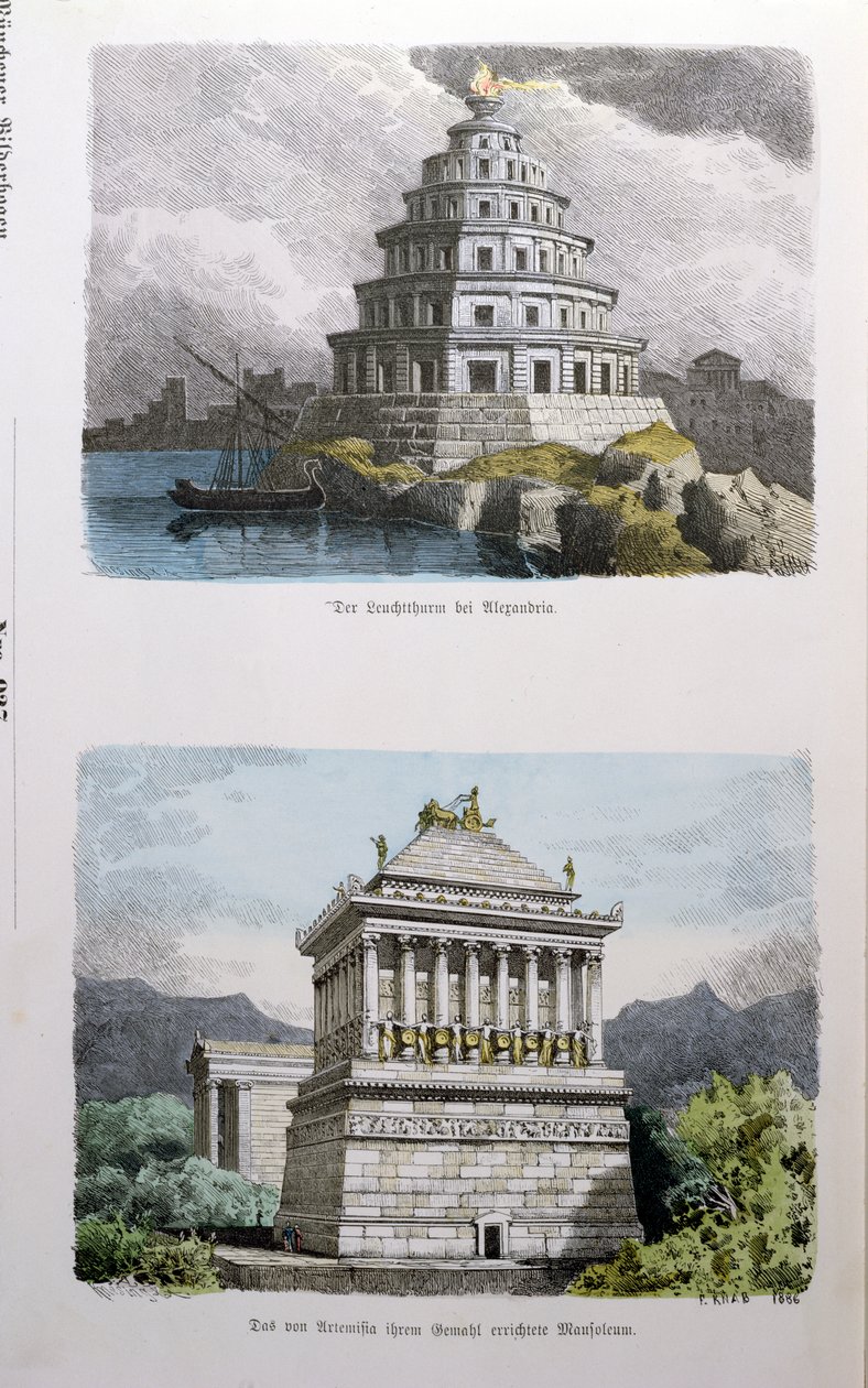 Velký maják v Alexandrii a mauzoleum v Halikarnasu ze série „Sedmi divů světa“ publikované v „Munchener Bilderbogen“, 1886 od Ferdinand Knab