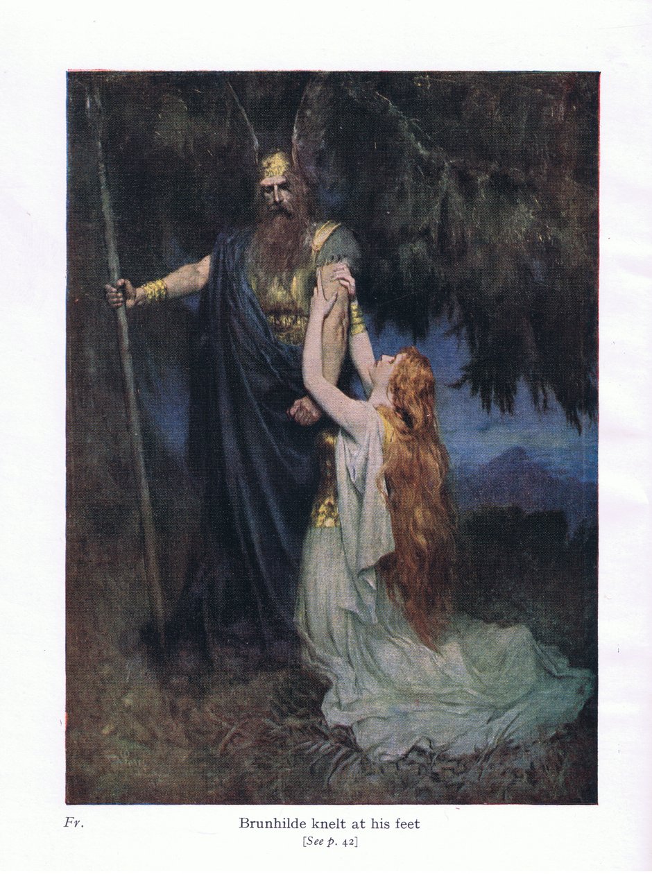 Brunhilde klečela u jeho nohou, ilustrace z hospody The Stories of Wagner