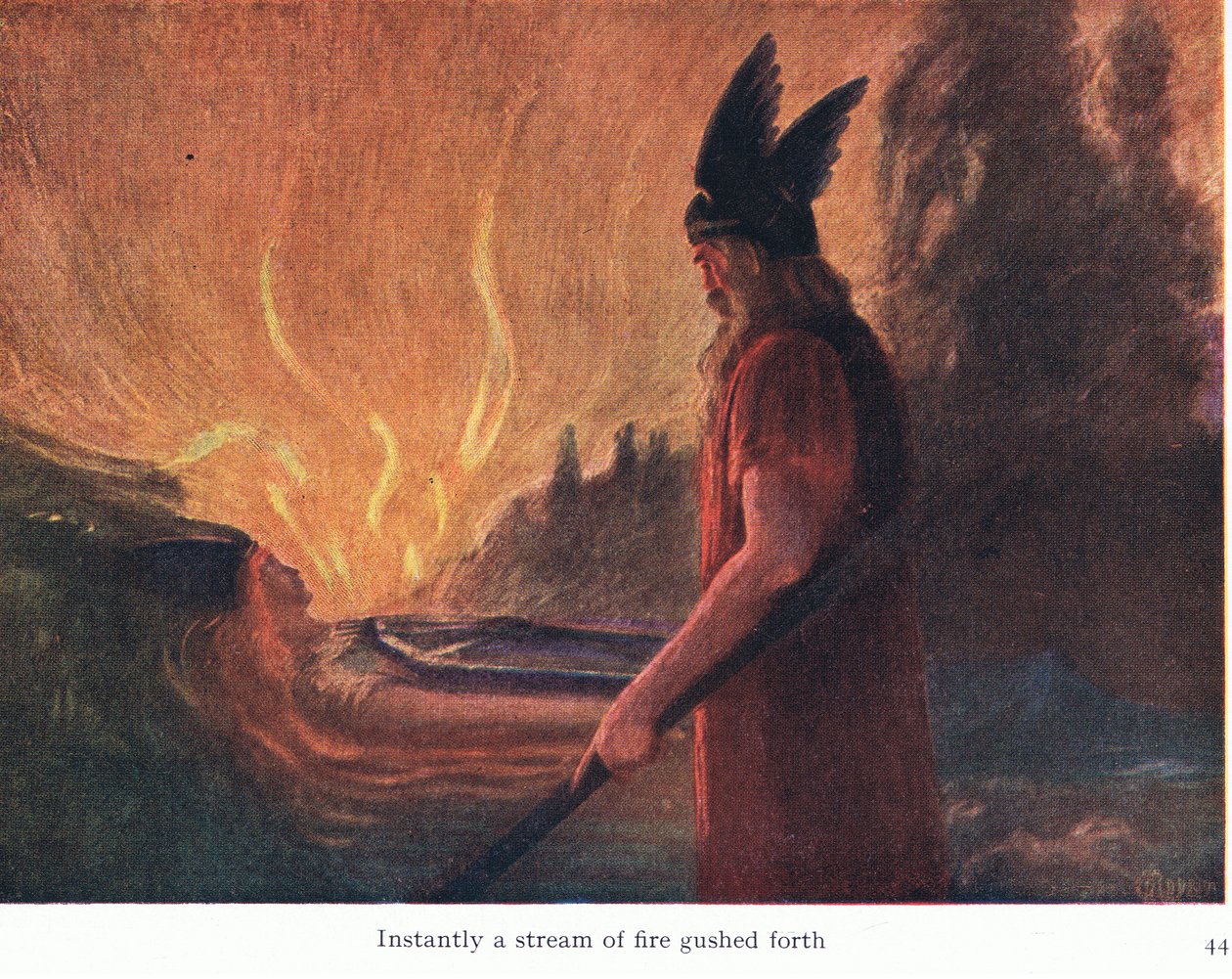 Okamžitě vytryskl proud ohně, ilustrace z hospody The Stories of Wagners Operas. od George Harrap & Co Ltd 1932 od Ferdinand Lecke