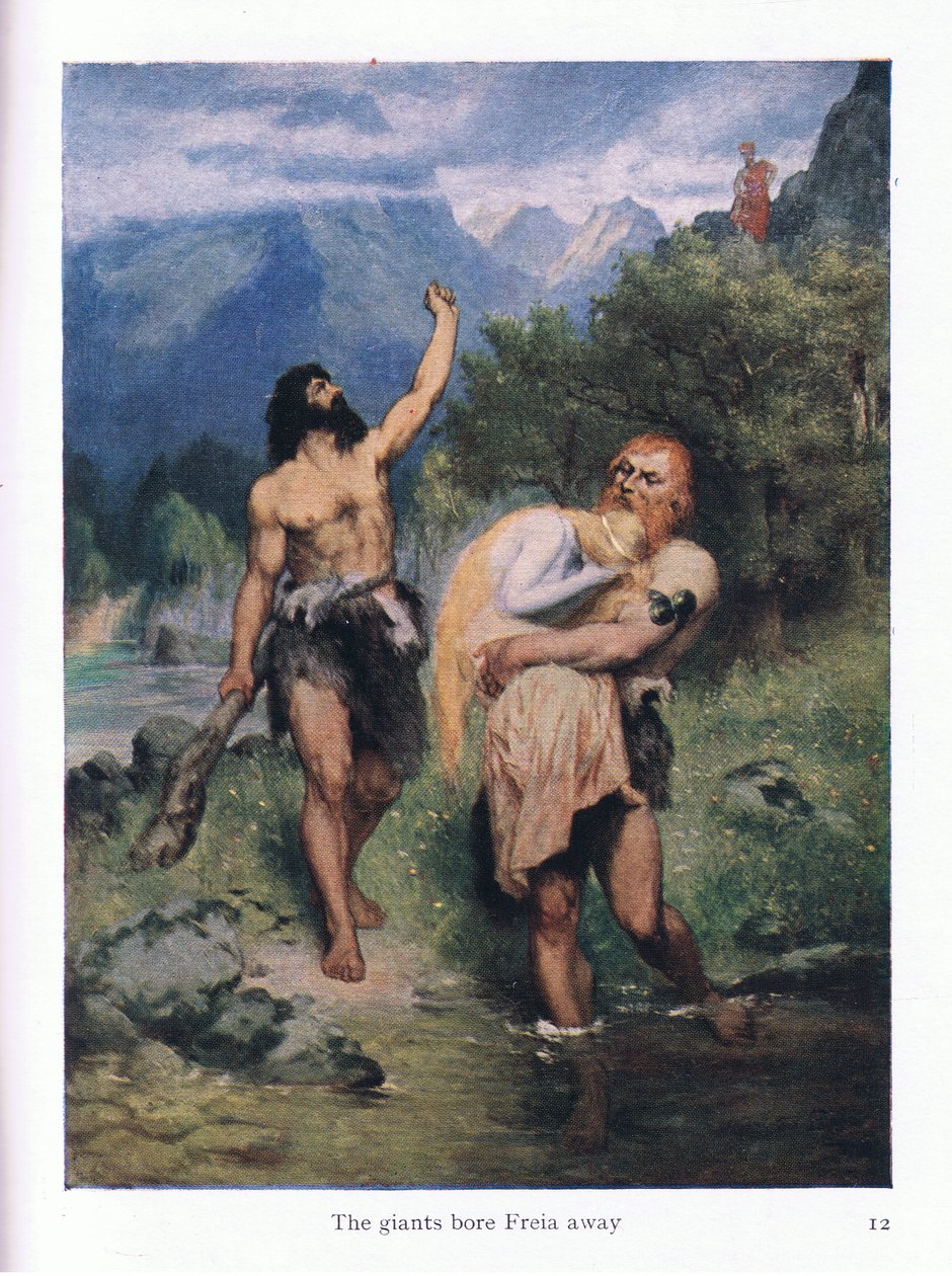 Obři unesli Freiu, ilustrace z hospody The Stories of Wagners Operas. od George Harrap & Co Ltd 1932 od Ferdinand Lecke