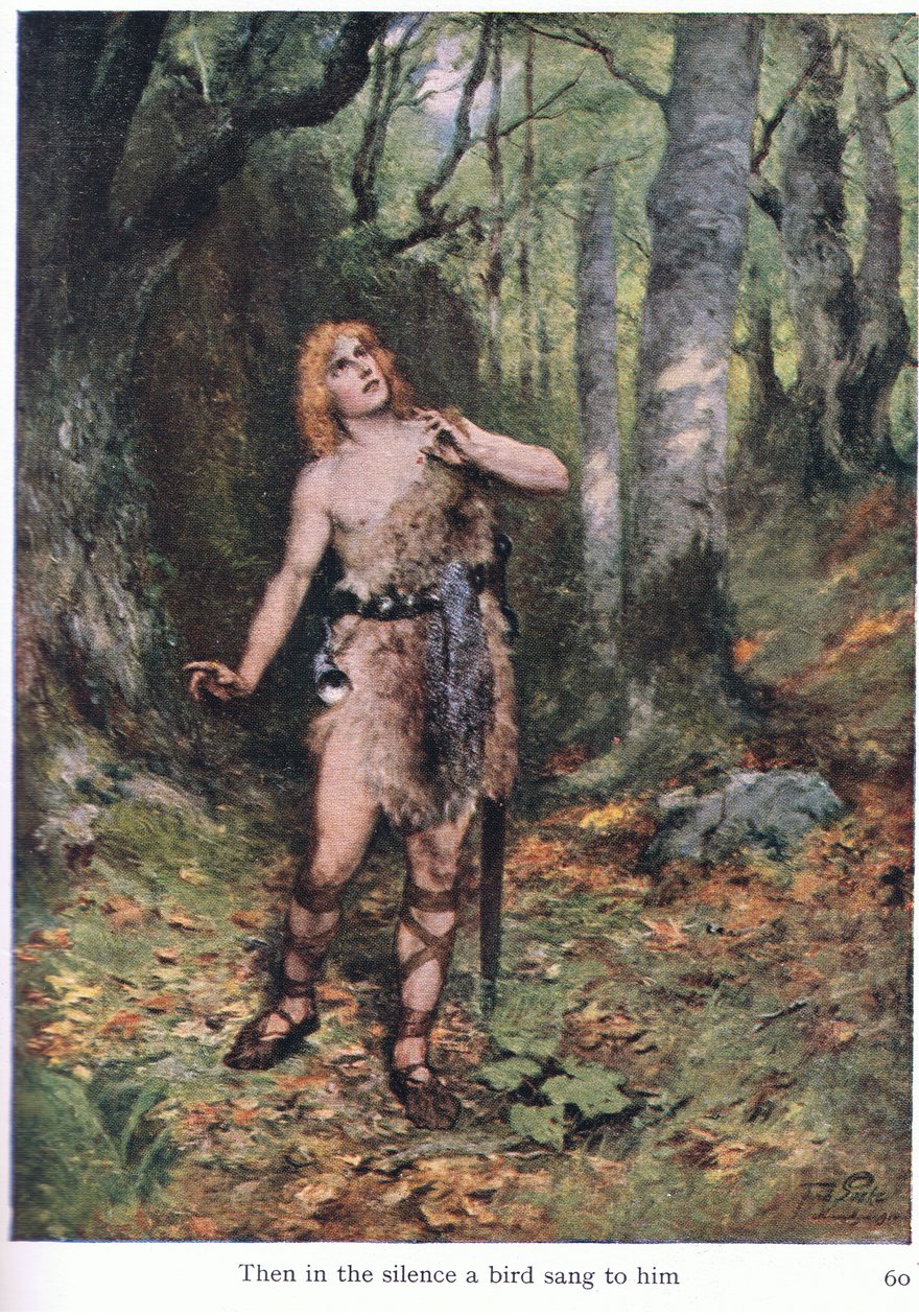 Pak mu v tichu zazpíval pták, ilustrace z hospody The Stories of Wagners Operas. od George Harrap & Co Ltd 1932 od Ferdinand Lecke
