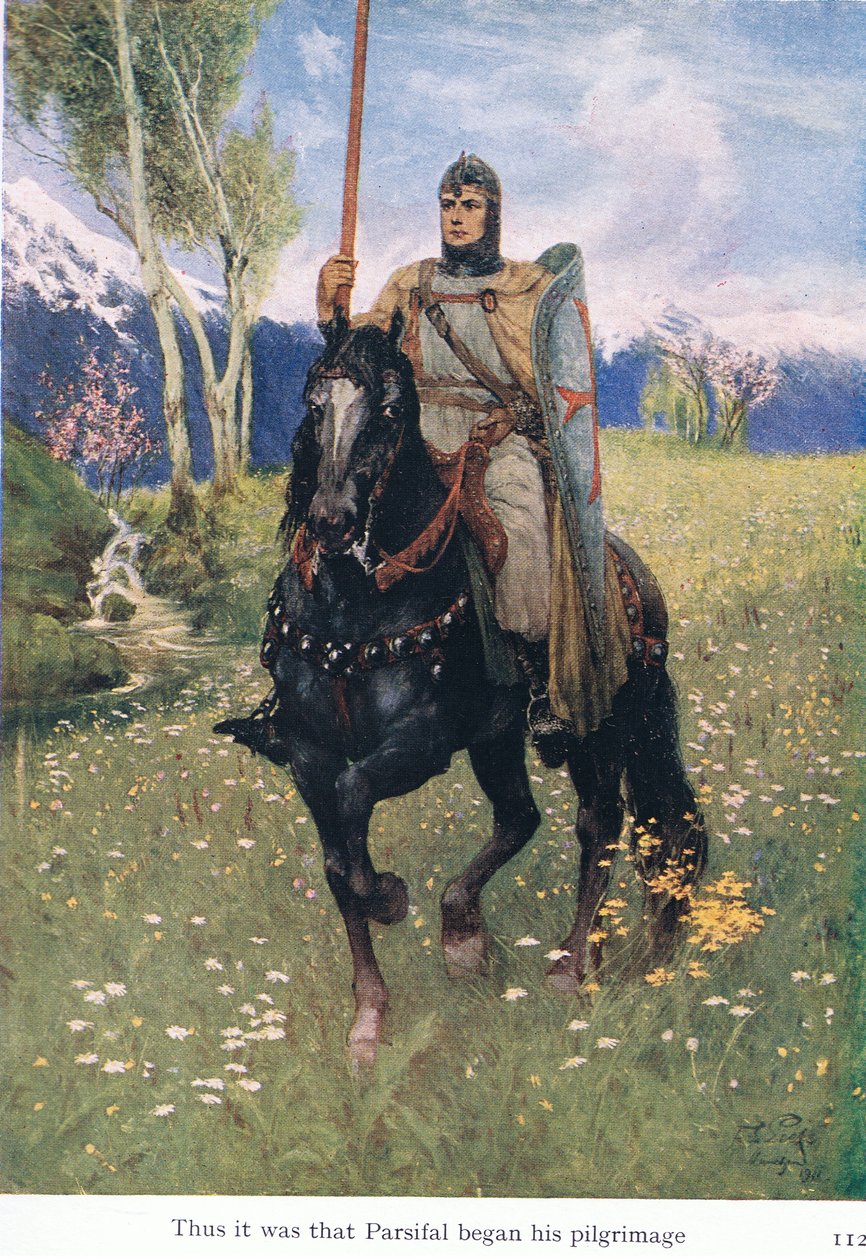 Tak začala jeho pouť Parsifal, ilustrace z hospody Příběhy Wagnerových oper. od George Harrap & Co Ltd 1932 od Ferdinand Lecke